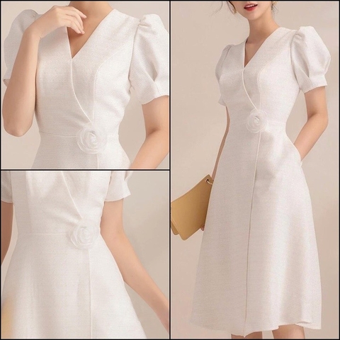 Đầm xòe đắp chéo cài hoa sang trọng MS380