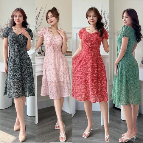 Đầm xòe hoa nhí rút ngực tay phồng bo thun - GR0225