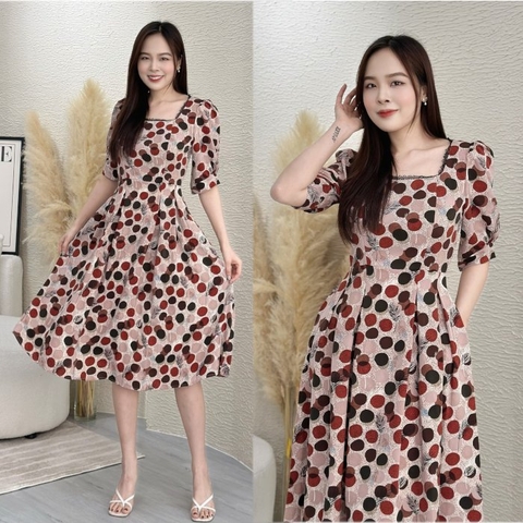 Đầm xòe chấm bi cổ vuông phối ren, tay phồng (CÓ TÚI) - GR0242
