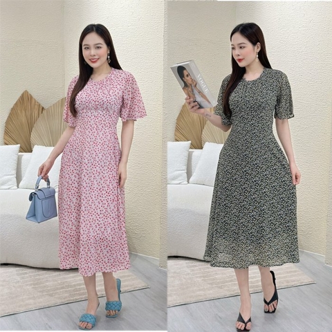 Đầm xòe hoa nhí cổ tròn xếp ngực, tay bèo - GR0250