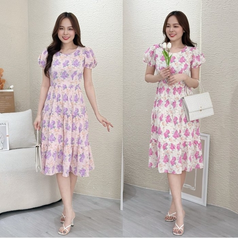 Đầm xòe hoa tay phồng bo thun, bèo tầng - GR0267