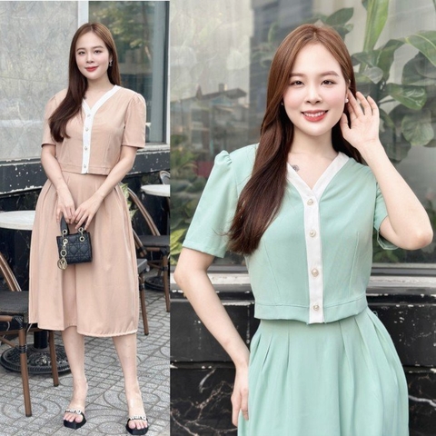 Set bộ áo phối viền, chân váy xòe có túi - GR0264