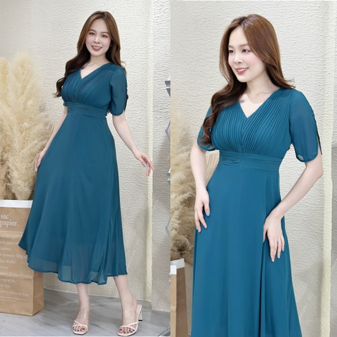 Đầm xòe form dài, xếp ly ngực, tay xẻ - GR0275