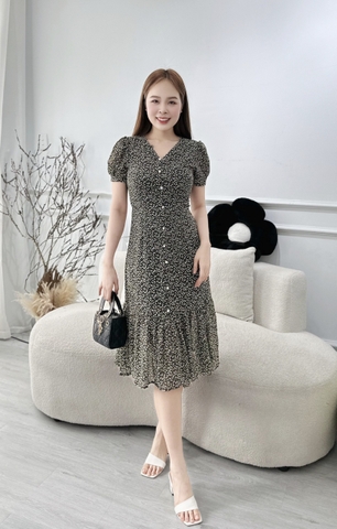 Đầm xòe hoa nhí đuôi cá, tay phồng, đính nút - GR0280