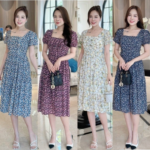 Đầm xòe hoa cổ vuông xếp ly ngực, tay phồng bo chun - GR0287