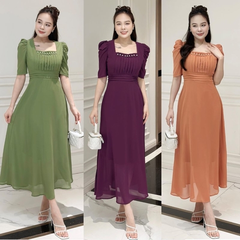Đầm maxi form dài, xếp ly ngực và eo đính ngọc, tay phồng - GR0293