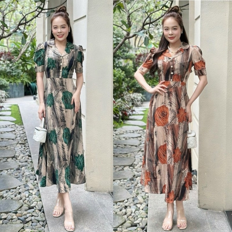 Đầm maxi họa tiết, form dài cổ sen, đính nút, tay phồng - GR0301
