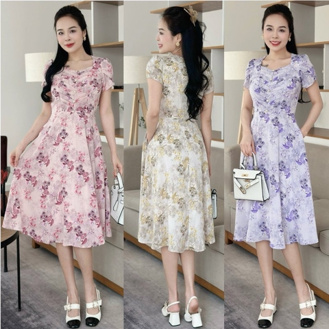 Đầm xòe hoa nhí xếp ngực đính nút, tay búp sen, có túi - GR0310