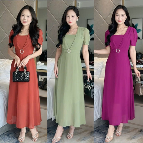 Đầm maxi form dài cổ vuông, đính khoen eo, tay phồng - GR0327