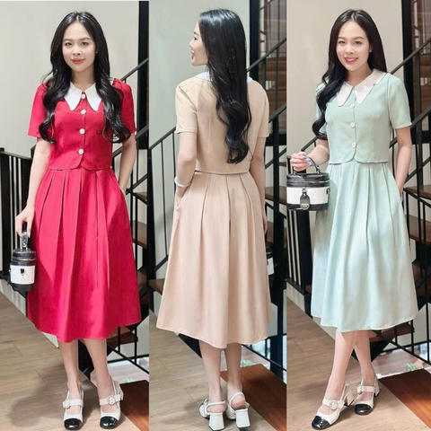 Set bộ áo phối cổ trắng nút rời, chân váy xếp ly có dây kéo hông, có túi - GR0330