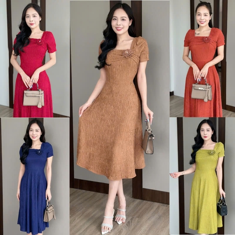 Đầm xòe thun xốp nhật cổ vuông, ngực đính hoa kết ngọc, tay phồng - GR0331