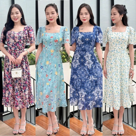 Đầm xòe họa tiết hoa, cổ vuông, bèo tầng, tay loe - GR0332
