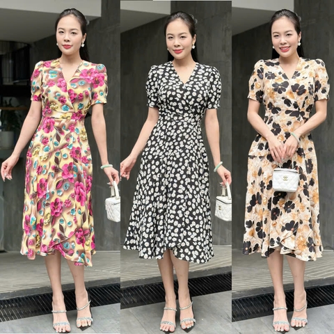 Đầm xòe hoa cổ và tùng váy đắp chéo, tay phồng - GR0333