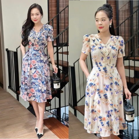 Đầm xòe hoa cổ V xếp ly phối bèo, đính nút, tay phồng, có túi - GR0335