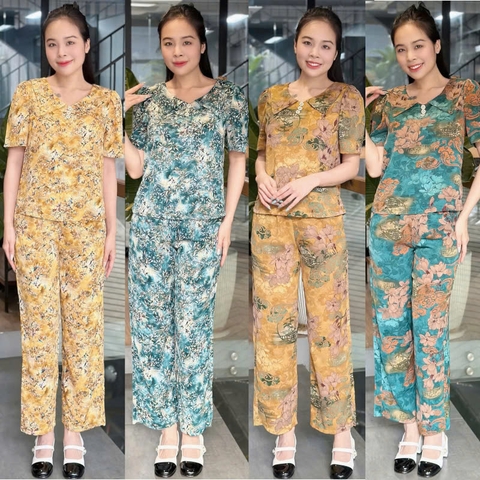 Đồ bộ trung niên tặng mẹ, áo đính nút, tay phồng, quần bo chun có túi - GR0336