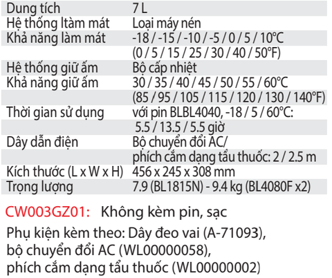 Máy làm mát và ấm dùng pin CW003GZ01 7L  40Vmax / 18V / AC ( Không kèm pin, sạc )