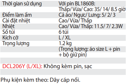 Áo Khoác Làm Ấm Dùng Pin DCJ206Y (L/XL) 18V 14.4V ( Không bao gồm pin , sạc )
