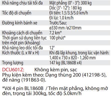 Xe Vận Chuyển Hàng Hóa Dùng Pin DCU602Z 18Vx2 ( Không bao gồm pin, sạc )