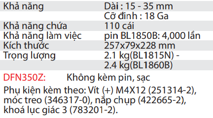 Máy Bắn Đinh Dùng Pin DFN350Z 18V ( Không bao gồm pin, sạc )