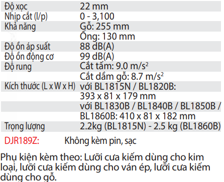 Máy Cưa Kiếm Dùng Pin DJR189Z 18V ( Không bao gồm pin, sạc )