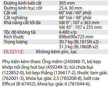 Máy Cưa Đa Góc Trượt Dùng Pin DLS211Z 305mm 18Vx2 ( Không bao gồm pin, sạc )