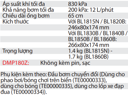 Máy Bơm Hơi Dùng Pin DMP180Z 18V ( Không bao gồm pin, sạc )