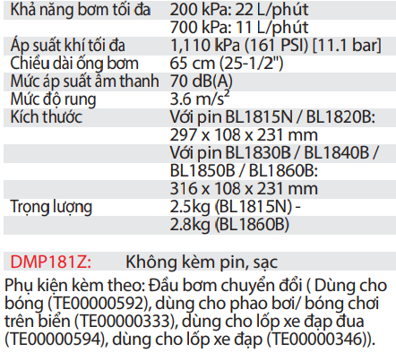 Máy Bơm Hơi Dùng Pin DMP181Z 18V ( Không bao gồm pin, sạc )