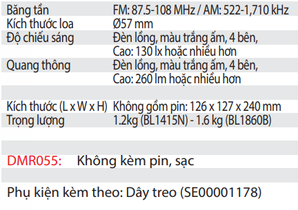 Radio Kết Hợp Đèn Lồng Dùng Pin DMR055 18V ( Không bao gồm pin, sạc )