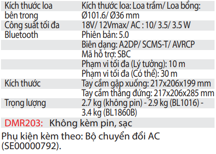 Loa Công Trường Dùng Pin Và Điện DMR203 18V/14.4V/ 12Vmax/ AC ( Không bao gồm pin, sạc )