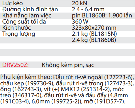 Máy Tán Đinh Rivet Dùng Pin DRV250Z 18V ( Không bao gồm pin, sạc )