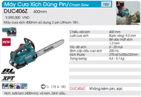 Máy Cưa Xích Dùng Pin DUC406Z002 (18V/400MM/80TXL/BL) Không kèm pin sạc