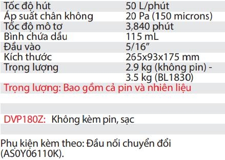 Máy Hút Chân Không Dùng Pin DVP180Z 18V (Không bao gồm pin sạc)