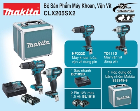 Bộ Sản Phẩm Máy Khoan Búa, Vặn Vít Dùng Pin CLX205SX2 (12V Max)