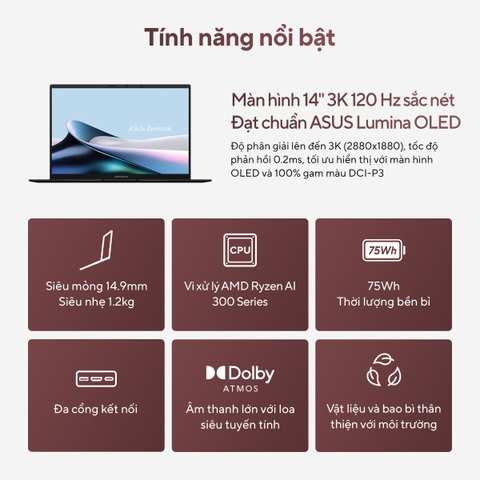Laptop Asus Zenbook 14 UM3406KA-PP113WS (Ryzen™ AI 7 350 | 16GB | 512GB | AMD Radeon™ Graphics | 14inch 3K | Win 11 | Office | Đen)