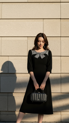 Đầm umi hàn phối lụa TraLi 25218 màu Đen