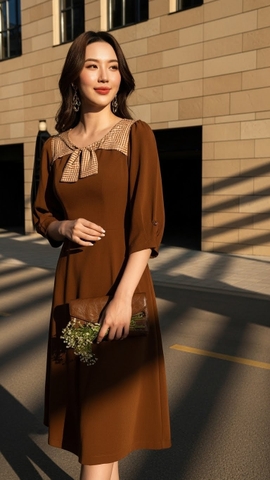 Đầm umi hàn phối lụa TraLi 25218 màu Nâu