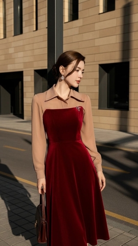 Đầm nhung hàn đỏ phối lụa Trali 25222 màu Nâu