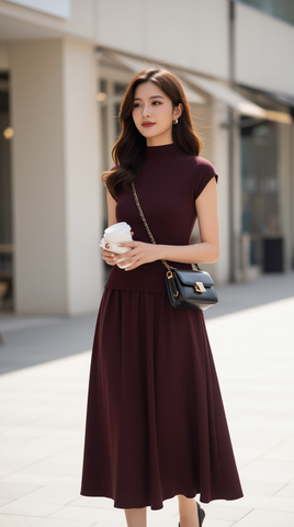 Bộ váy len RALI 25510 màu đỏ mận