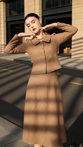 Bộ váy dạ tweed 2 lớp Trali 25514 Nâu họa tiết