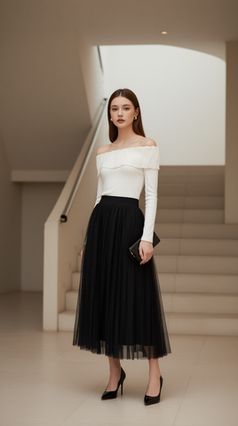 Áo len trễ vai 25608 Kem