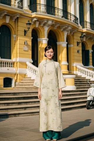 Áo dài kem quần xanh TRALI 25901