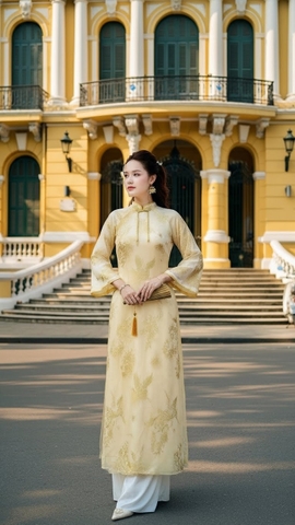 Áo dài vàng quần trắng TRALI 25902