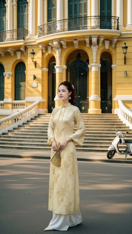 Áo dài vàng quần trắng TRALI 25902