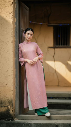 Áo dài hồng quần xanh lá TRALI 25906