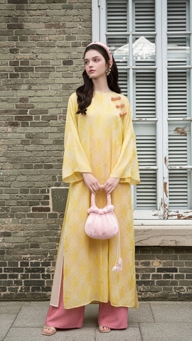 Áo dài vàng quần hồng TRALI 25907