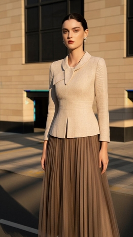 Áo Tweed thắt nơ TRALI 25817 màu Be Nâu