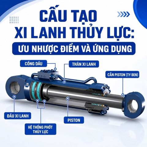 Cấu tạo xi lanh thủy lực gồm những bộ phận nào? Ưu nhược điểm, ứng dụng, công thức tính lực đẩy