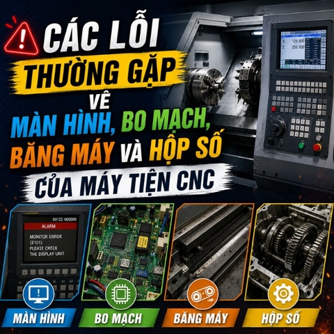 Lỗi thường gặp về màn hình, bo mạch, băng máy và hộp số của máy tiện CNC