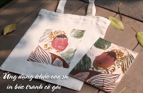 Ứng dụng khắc cao su in bức tranh cô gái lên túi tote