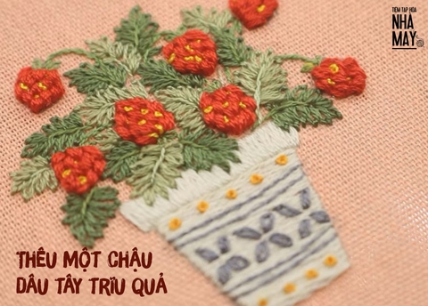 Thêu một chậu dâu tây trĩu quả (có mẫu in)